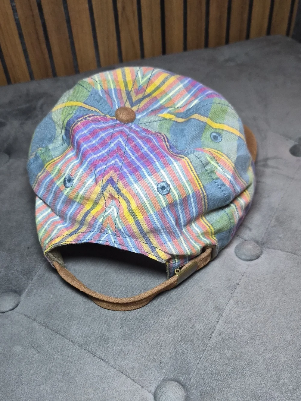 J. Crew Pastel Plaid Cap with Brown Suede Strap 70s